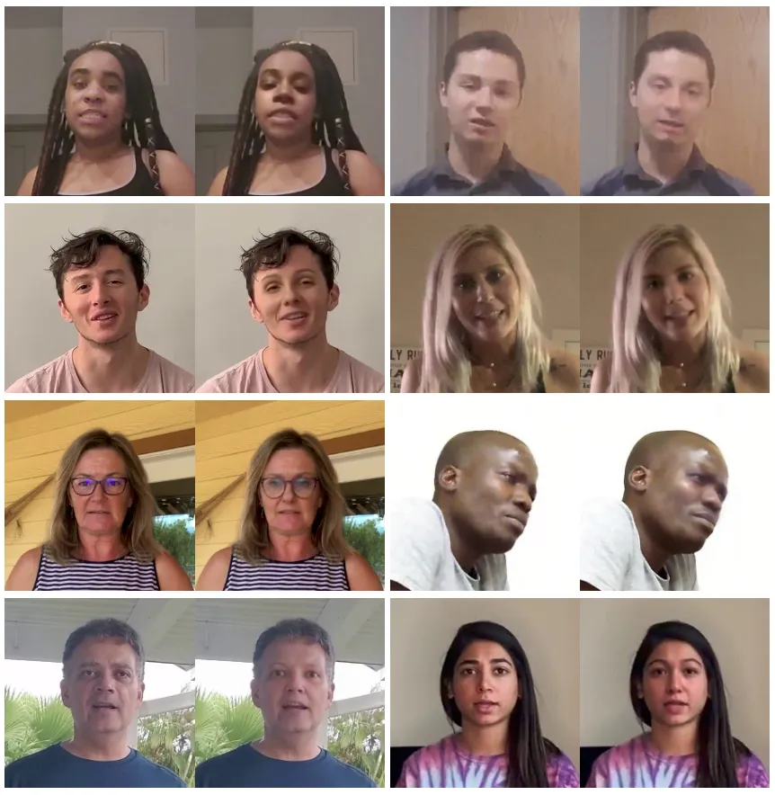 Sample pairs from the DFDC-P dataset showing original faces (left) alongside their deepfake counterparts (right)