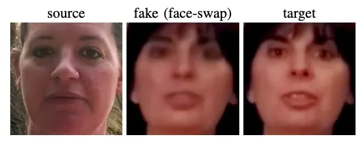 Example of a DFDC mapping error: the source face (left) was not properly transferred to the target (right), with the fake (center) retaining too much of the target's identity